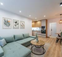 Nappali konyhával egy kétszobás lakásban, fa dekorációjú padlóval és zöld kanapéval.