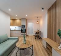 Nappali fa dekor padlóval egy kétszobás lakásban zöld kanapéval.