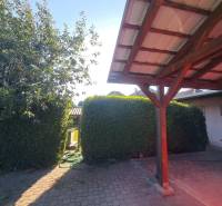 A családi ház udvara Nededen, pergolával és sűrűn ültetett bokrokkal.