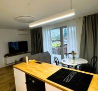 Konyhasziget főzőlappal, étkezőasztal és kanapé egy családi házban.