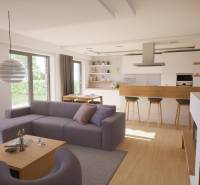 Nappali fa mintázatú padlóval és konyhaszigettel egy családi házban.