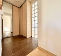 2 szobás lakás folyosója fa dekor padlóval, tükrös szekrénnyel és üvegfallal.