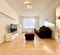 Nappali egy kétszobás lakásban kanapéval, televízióval és fa dekorációjú padlóval.