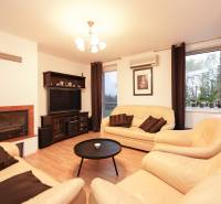 Nappali egy családi házban kandallóval, bőr kanapékkal és fa dekorációjú padlóval.