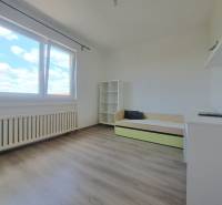 Világos szoba polcokkal, kinyitható ággyal és ablakkal egy családi házban, fa dekoros padlóval.