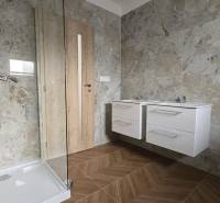 Fürdőszoba családi házban kőburkolattal és zuhanyzóval.