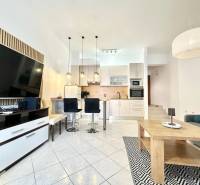 Rekreációs apartman tágas nappalival, konyhával és televízióval.