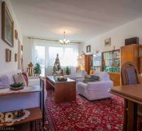 Családi ház nappalija bútorokkal, karácsonyfával és piros szőnyeggel.