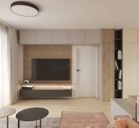 Nappali TV-vel, fa dekoros padló, világos függönyök, bútorok és könyvtár.