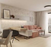 Nappali bézs színű fallal, rózsaszín kanapéval és fa dekorációjú padlóval.