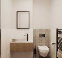 Fürdőszoba függesztett WC-vel, mosdóval, fűtéssel és tükörrel, dizájnos csempékkel.