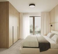 Világos hálószoba ággyal, beépített szekrénnyel és kilátással az erkélyre üvegajtón keresztül.