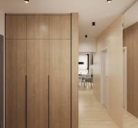 Belső tér fa dekor padlóval és beépített szekrénnyel.