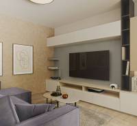 Nappali belső tér kényelmes kanapéval, televízióval, képekkel és fa dekorációjú padlóval.