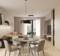 Nappali étkezőasztallal, fa dekoros padlóval és erkéllyel.