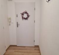 Garzonlakás fehér falakkal, fa mintázatú padlóval és fali fogassal.