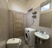 Fürdőszoba mosógéppel és mosdókagylóval egy egyszobás lakásban csempével.