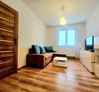 Nappali egy kétszobás lakásban kanapéval és fa mintázatú padlóval.