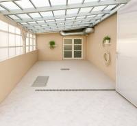 Fedett terasz növényekkel, ajtókkal és csatornával az épületben.