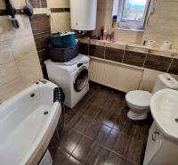 Fürdőszoba családi házban káddal, mosógéppel és dekoratív barna csempékkel.