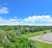 Kilátás a zöld erdőkre és az elhagyatott sportlétesítményre Pozsonyban, az Antolska utcában.