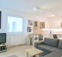 Nappali konyhasarokkal, kanapéval és fa dekorációjú padlóval egy kétszobás lakásban.