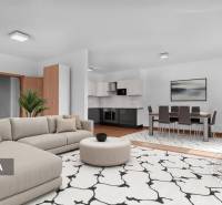 Nappali rész egy 3 szobás lakásban kényelmes kanapéval és konyhával, fa dekoros padlóval.