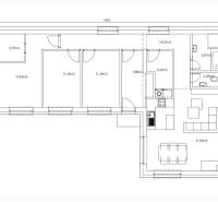 Családi ház alaprajza Zsigárdon nappalival, konyhával és három szobával.