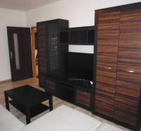 Nappali szoba bútorokkal és fa dekorációjú padlóval egy kétszobás lakásban.