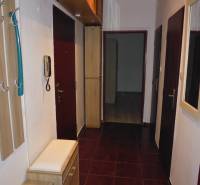 2 szobás lakás folyosója sötét padlólappal és fa dekorációjú bútorokkal.