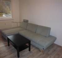 Nappali egy kétszobás lakásban szürke kanapéval és fa mintázatú padlóval.