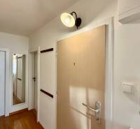 Folyosó egy 3 szobás lakásban, fa dekor padlóval és faliképpel.