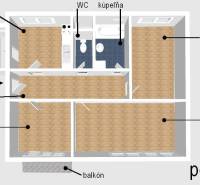 3 szobás lakás alaprajza fa dekor padlóval, konyhával és erkéllyel.