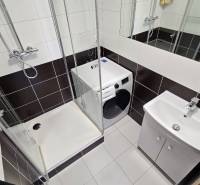 Fürdőszoba mosógéppel, zuhanyzóval és mosdóval egy háromszobás lakásban.