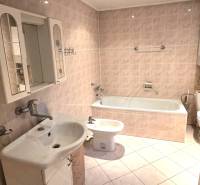 Fürdőszoba káddal, mosdóval és tükrös szekrénnyel családi házban.