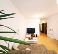 Nappali egy kétszobás lakásban, fa dekoros padlóval, TV-vel és kényelmes kanapéval.