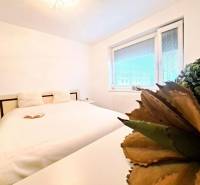 Világos hálószoba nagy ággyal, könyvvel és növénnyel egy kétszobás lakásban.