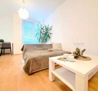 Nappali egy kétszobás lakásban, fa dekor padlóval, kanapéval és asztallal.