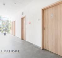 Iroda folyosó a galántai Vajanského utcában, faajtókkal és növénnyel.