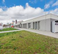 A Vajanského utcán üzlethelyiségek vannak, a járda mellett zöld gyep található.