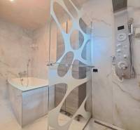 Fürdőszoba modern zuhanyzóval, káddal és dizájnos világítással egy családi házban.