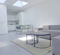 Világos nappali konyhával, kanapéval és fa dekoros padlóval egy kétszobás lakásban.