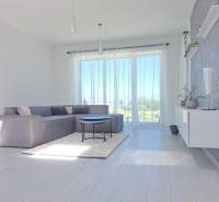 Világos nappali egy kétszobás lakásban nagy ablakokkal és fa mintázatú padlóval.