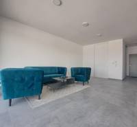 Kereskedelmi helyiségek kék kanapékkal, konferenciaasztallal a szőnyegen és szürke csempével.