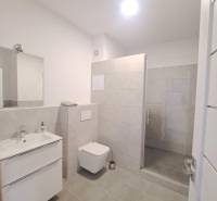 Fürdőszoba fehér mosdóval, fali WC-vel és zuhanyzóval, modern csempékkel.