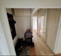 Folyosó tükrös szekrénnyel és fa dekorációjú padlóval egy 4 szobás lakásban.