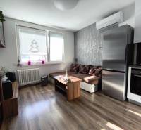 Egyszobás lakás nappalija fa mintázatú padlóval, kanapéval és konyhai készülékekkel.