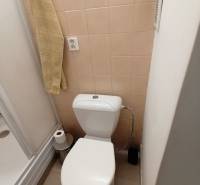 Fürdőszoba egy egyszobás lakásban WC-vel, zuhanyzóval és bézs csempékkel.