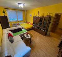 Nappali fa mintás padlóval, kanapéval és ággyal egy garzonlakásban.