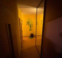 Keskeny folyosó fa dekor padlóval, tükrös szekrény, sárga falak, dekoratív fogas.